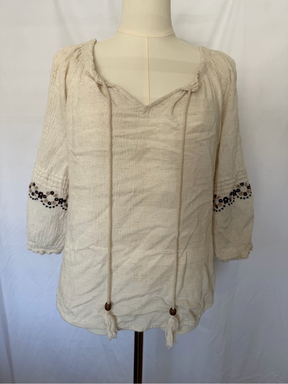 Women’s Cream Peasant Blouse with Embroidered Sleeves